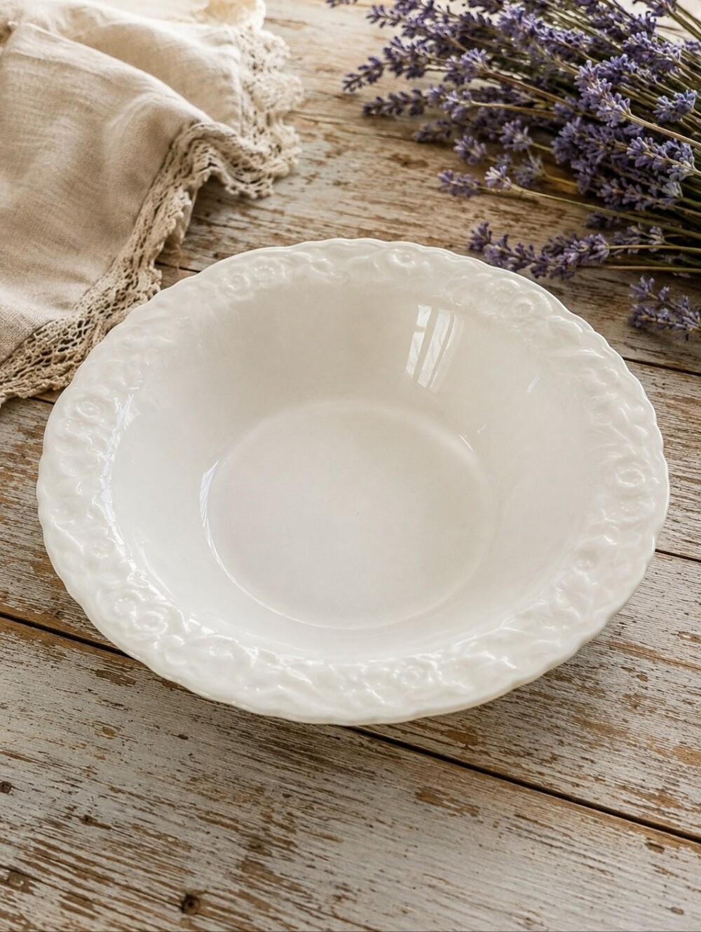 Steubenville Rose point Pottery Serving Bowl White Floral Rim Vintage Ironstone